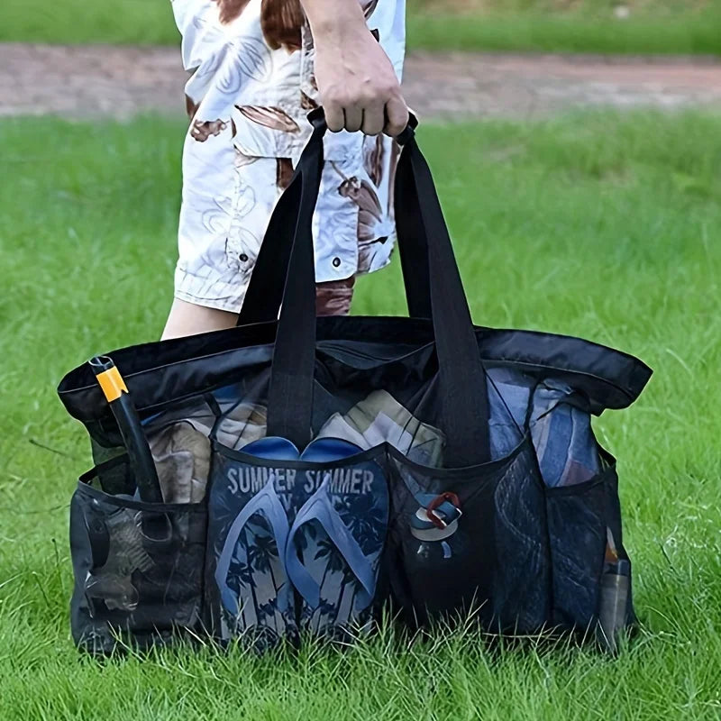 Extra Large Beach Bag - Lightweight, Waterproof, Foldable with Mesh Straps, Zippered Pockets & Fixed Shoulder Straps