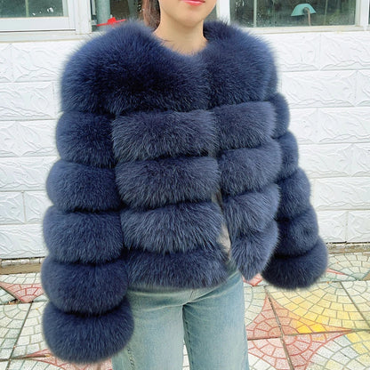 QUEENTINA Women’s Real Fox Fur Coat – Brown Leather & Skin Winter Fashion Outerwear 2025
