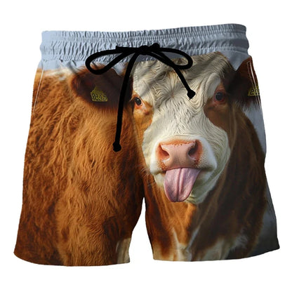 Funny Cow Print Beach Shorts - Men’s 3D Animal Print Summer Swim Trunks