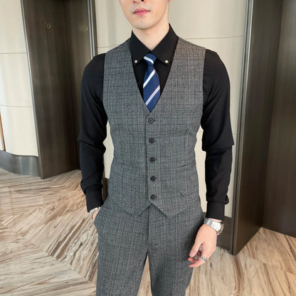 Men’s British Korean Plaid Three-Piece Suit – Stylish Business Casual Set with Blazer, Vest & Trousers