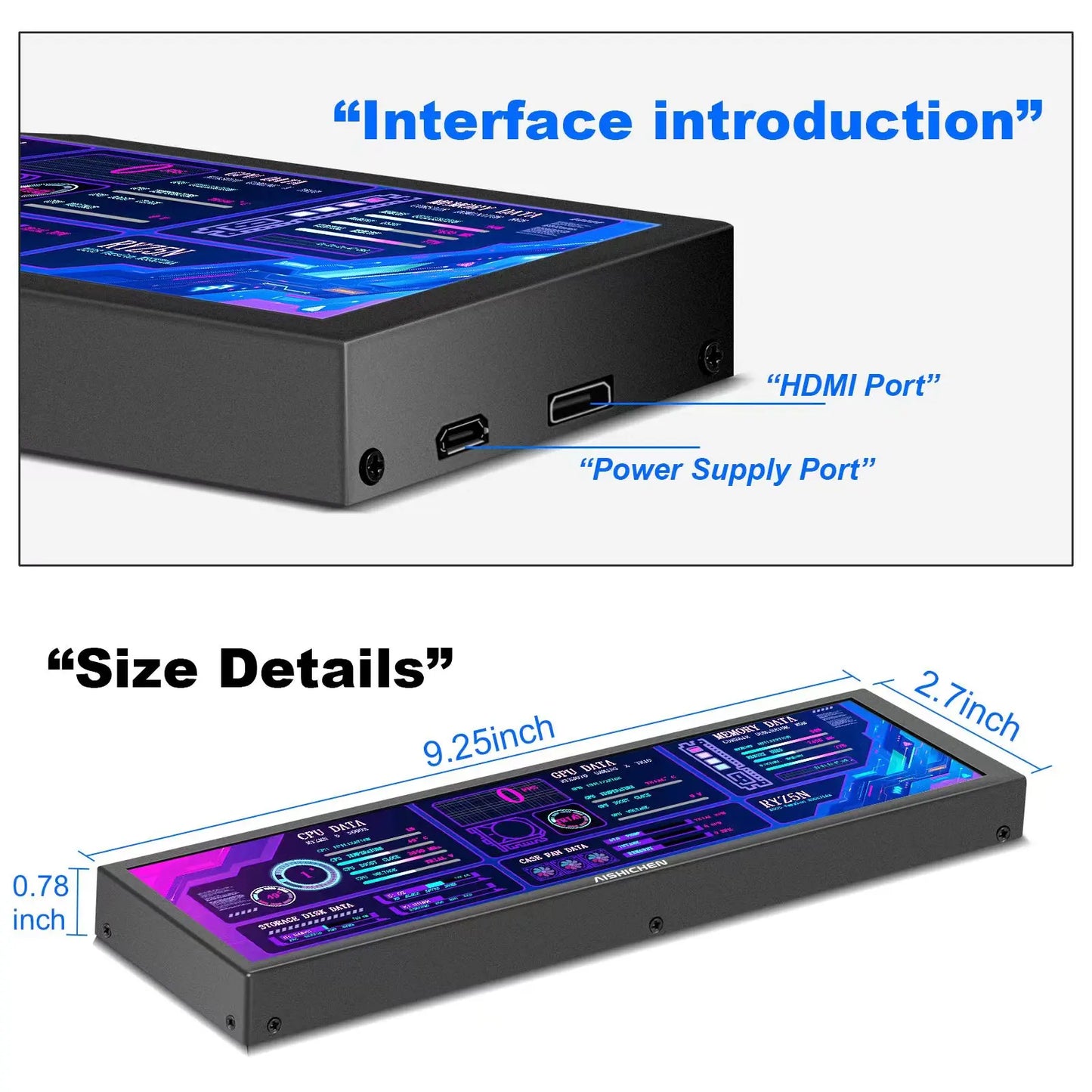 8.8 Inch HDMI Touch Screen Monitor – Long Wide Display with Case, PC Temperature Sensor Panel & Small Extender Monitor