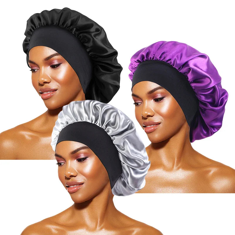 Women's Satin Wide-Brimmed Bonnet – Unisex Night Sleeping & Bathing Head Wrap with Elastic Band for Hair Care