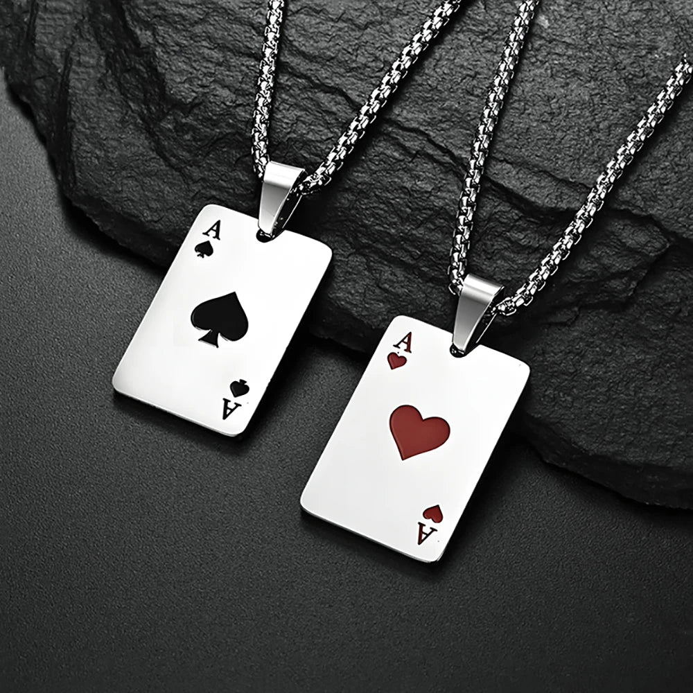 Hip Hop Poker Card Necklace – Stainless Steel Ace of Spades & Hearts Pendant Chain for Men