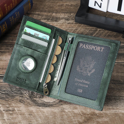 Genuine Cow Leather Passport Holder with AirTag Case – RFID Blocking Travel Wallet with Pen, Card Holder & Anti-Lost Pocket