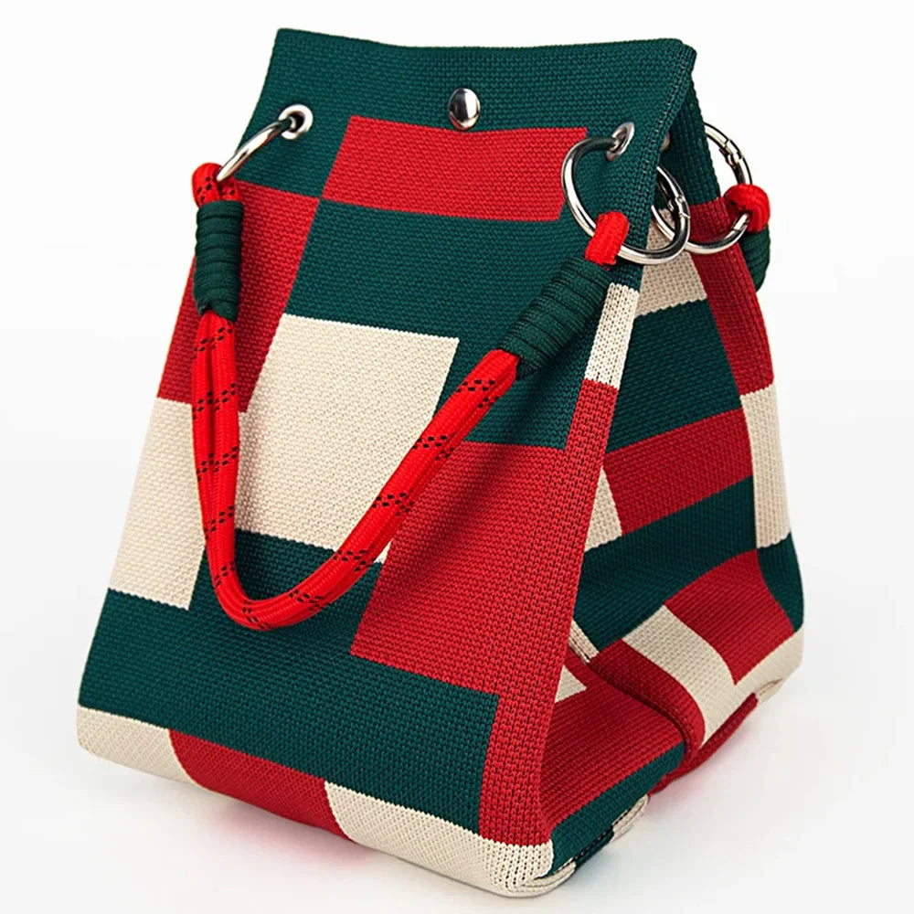 Women’s Color Block Knit Tote Bag – Bucket Style Storage Bag with Adjustable Straps, Metal Rings, Snap Closure for Casual Travel