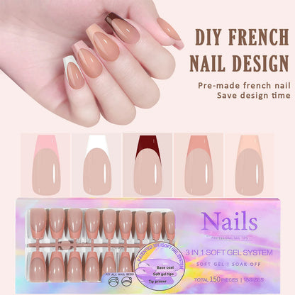 150pcs Fake Almond French Nails – Multi-Size Press-On Acrylic Nails in 6 Colors, Removable & Convenient