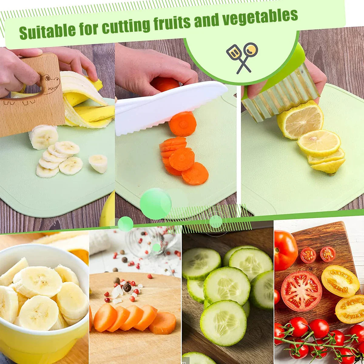 Kids Cooking Cutter Set - Safe Wooden and Plastic Knives for Toddlers, Includes Fruit Cutter and Peeler, Perfect for Little Chefs' Kitchen Adventures