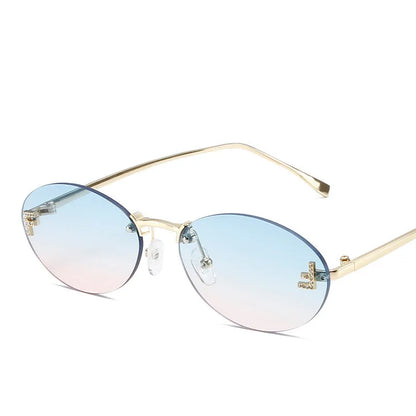 Diamond Letter "F" Rimless Sunglasses | Women’s Luxury Metal Frame Black Oval UV400 Shades