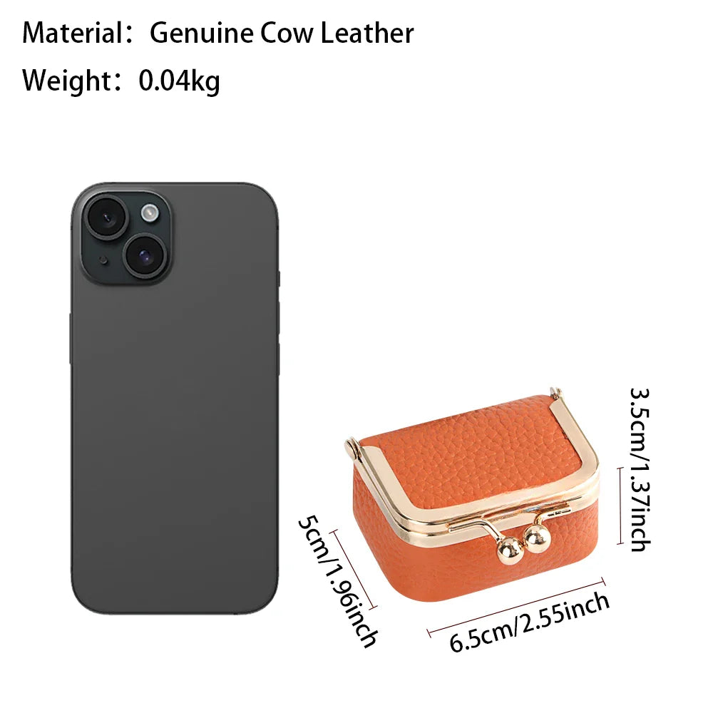 URBAN MASTER Genuine Leather Mini Coin Purse – Solid Color Kiss Lock Change Pouch, Casual Small Wallet for Women