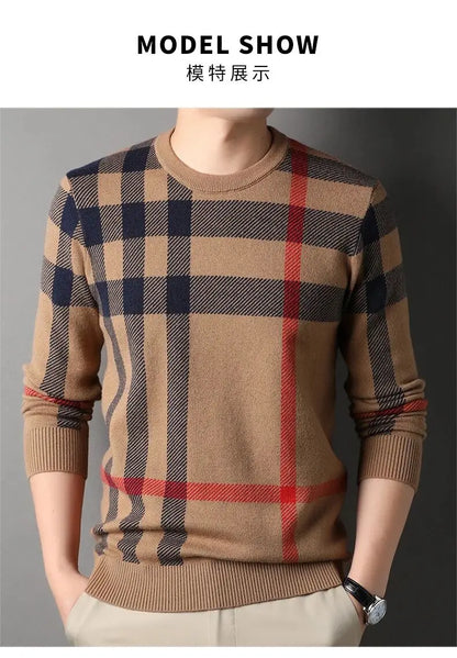 Luxury Men’s Knitted Wool Pullover – Autumn Winter O-Neck Striped British Casual Sweater