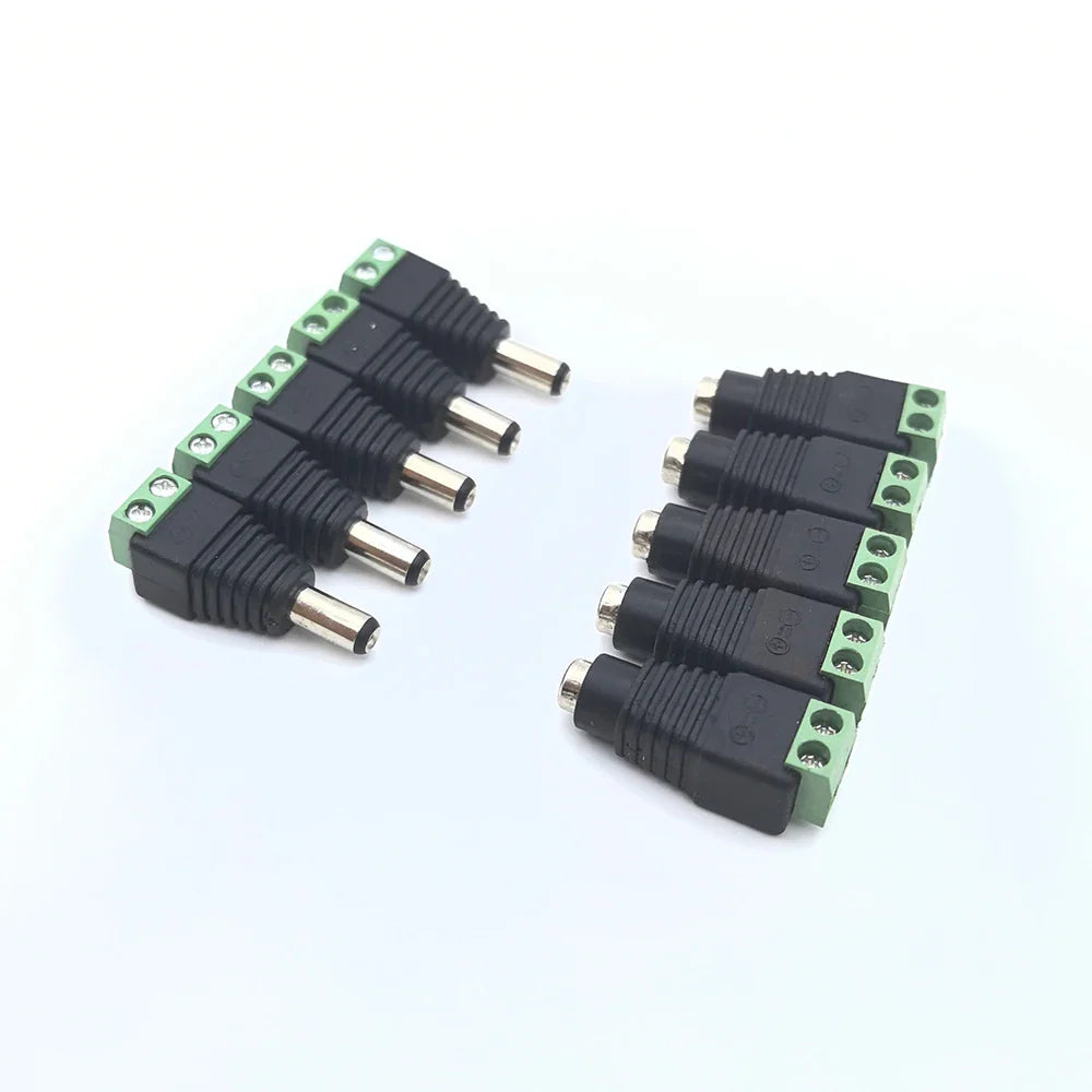 5 Pairs Welding-Free DC Plugs 5.5x2.1mm – Male & Female Green Terminal Power Connectors with Push Button