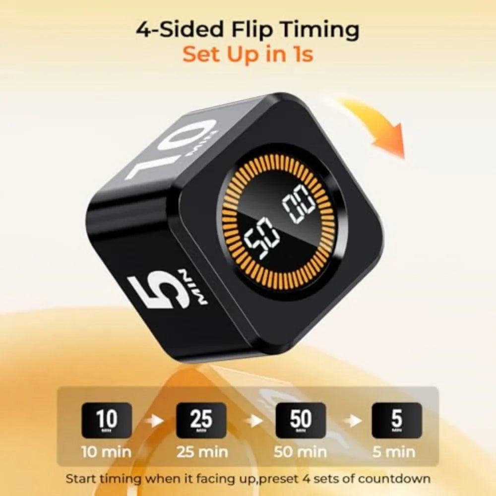 Rotating Pomodoro Timer Cube – Preset Flip Countdown Stopwatch for Study, Work, ADHD Focus, Kitchen & Productivity Tasks