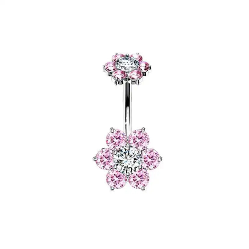 Pink Crown Belly Button Ring – Stainless Steel Heart Navel Piercing Barbell with Crystal for Women & Girls