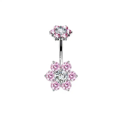 Pink Crown Belly Button Ring – Stainless Steel Heart Navel Piercing Barbell with Crystal for Women & Girls