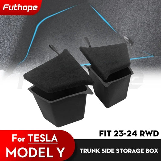 Futhope Car Trunk Side Storage Box for Tesla Model Y 2018-2024 – Hollow Cover Organizer with Flocking Mat & Partition Board