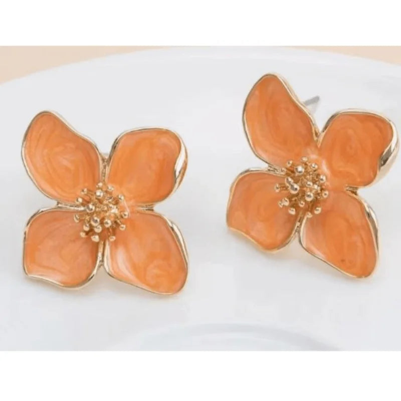 Hibiscus Flower Dropped Glaze Stud Earrings — French Vintage 2024 Fashion Jewelry for Women & Girls, Romantic Wedding Gift