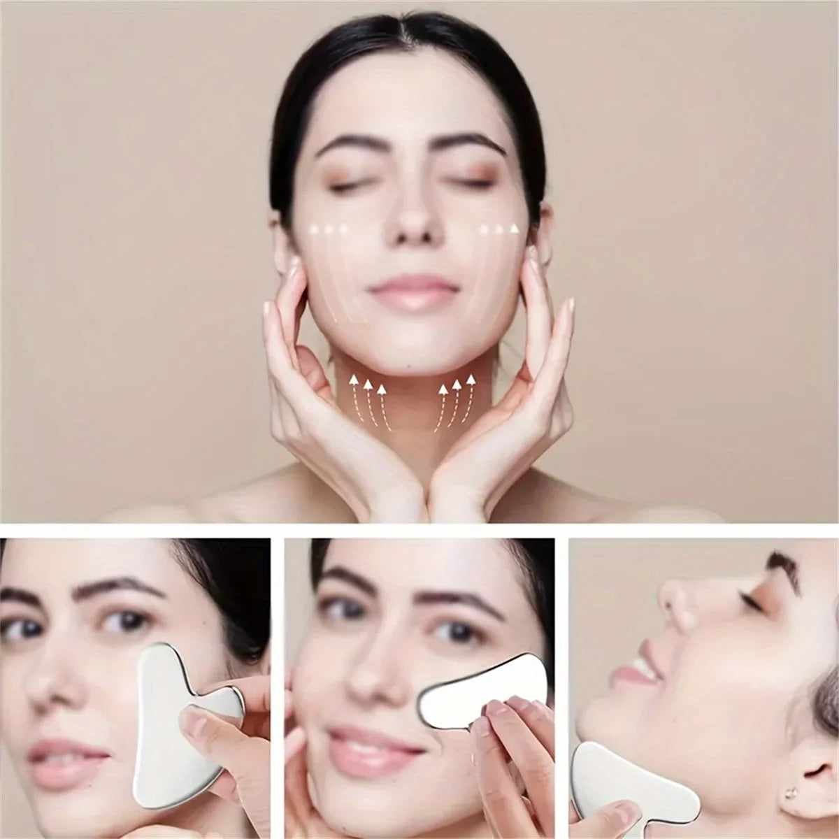 Stainless Steel Facial Gua Sha Tool — Silver Metal Beauty Massage Board for Skincare & Relaxation