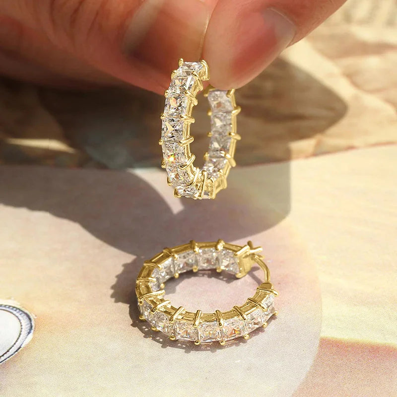 Huitan Princess Square Cubic Zirconia Hoop Earrings – Luxury Trendy Fashion Jewelry for Women
