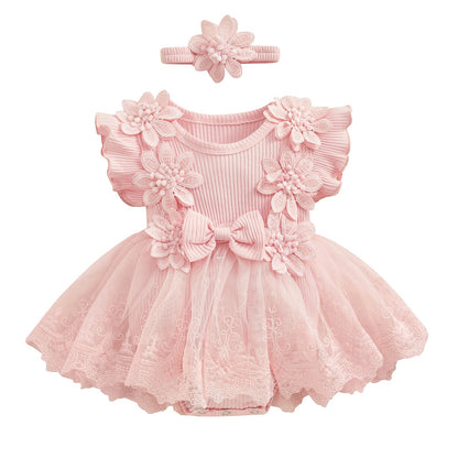 3D Flower Baby Girls’ Romper - Princess Mesh Lace Ruffle Bodysuit Dress with Headband