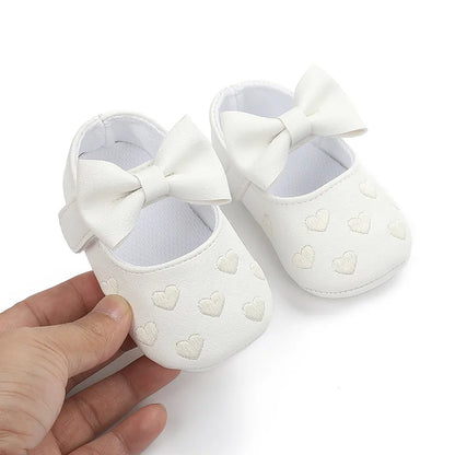Baby Girls Bow-Knot Heart First Walker Shoes - Soft Anti-Slip Sole Dress Shoes for Infants 0-18M