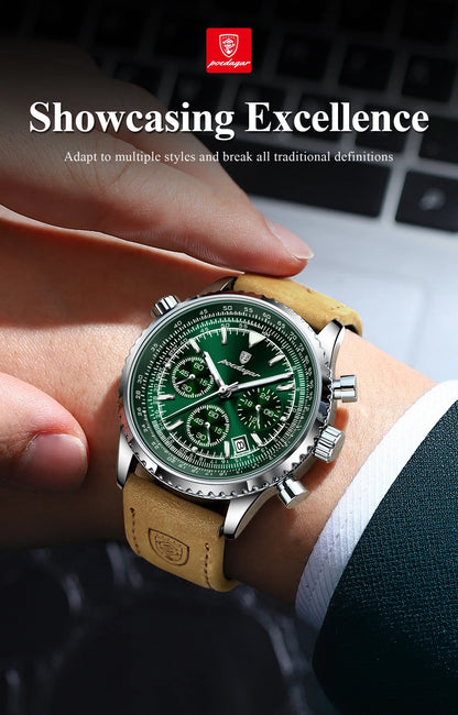 POEDAGAR Luxury Men's Quartz Watch Waterproof Luminous Date Chronograph Leather Military Sports Wristwatch