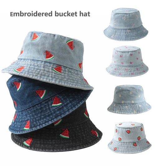 Embroidered Denim Bucket Hat – Summer Beach Fisherman Sun Hat for Men & Women | Cute Travel Cotton Sun Protection Cap, Wholesale Style