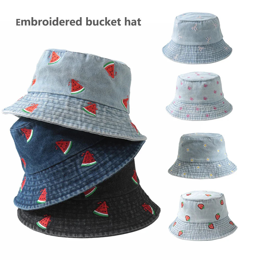 Embroidered Denim Bucket Hat – Summer Beach Fisherman Sun Hat for Men & Women | Cute Travel Cotton Sun Protection Cap, Wholesale Style