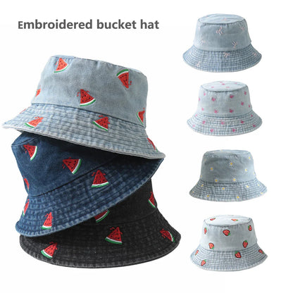 Embroidered Denim Bucket Hat – Summer Beach Fisherman Sun Hat for Men & Women | Cute Travel Cotton Sun Protection Cap, Wholesale Style