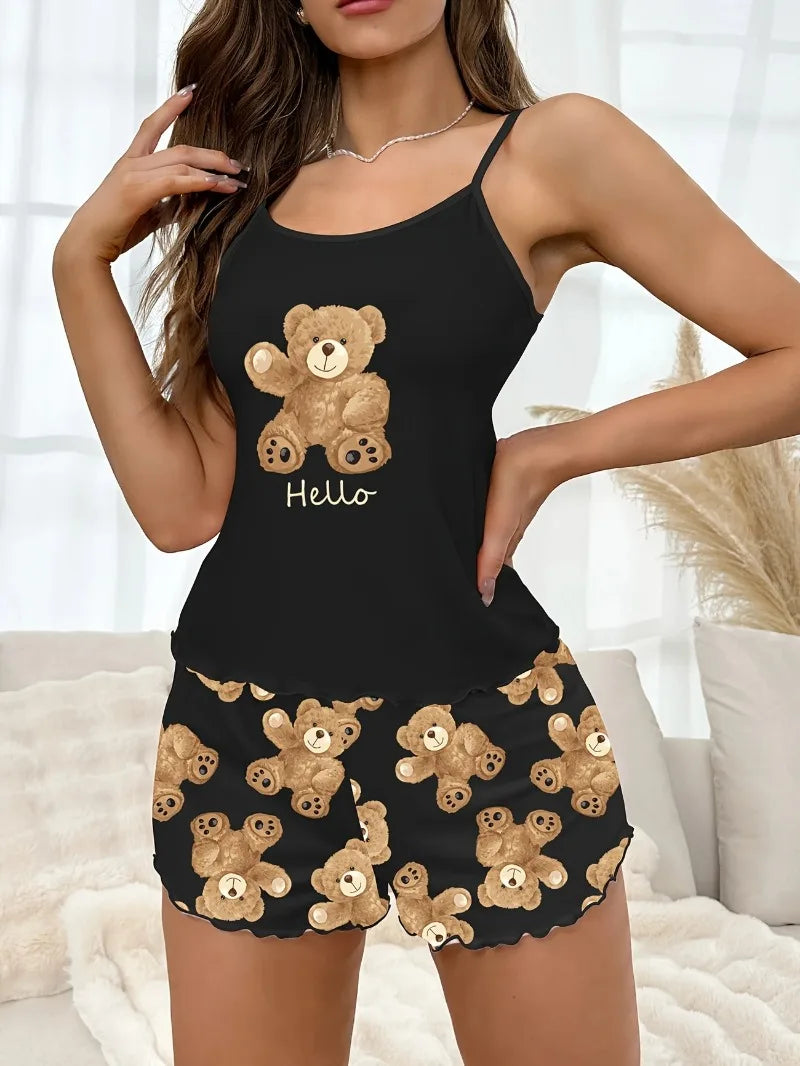 Women’s Black Bear Pajama Set - Cute Sling Crop Top & Shorts Summer Loungewear Sleepwear