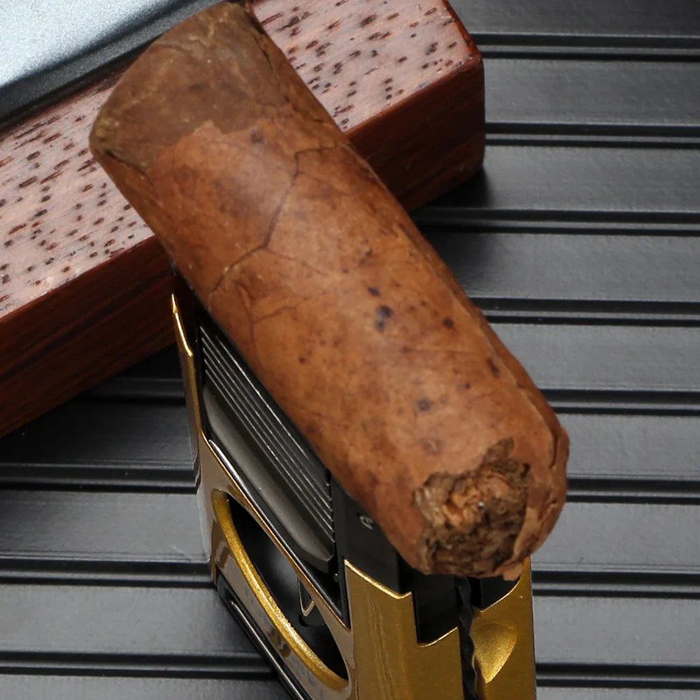 LUBINSKI 2-Torch Cigar Lighter – Metal Butane Gas Lighter with V-Cutter, Punch, and Needle Dredge for Cigar