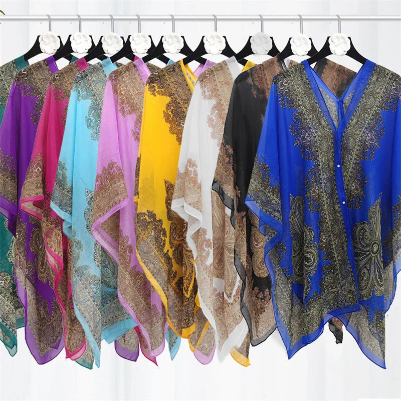 Women’s Summer Beach Shawl – Loose Chiffon Bikini Cover-Up Blouse with Buttons Sun Protection Scarf