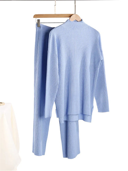 Women’s 2-Piece Autumn & Winter Knitted Tracksuit – Turtleneck Sweater with Straight Jogging Pants Set