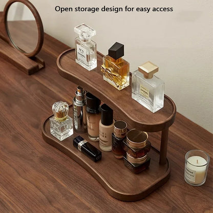 2-Tier Bamboo Makeup & Cup Organizer – Wooden Vanity Rack for Coffee Mugs, Counter & Kitchen Storage
