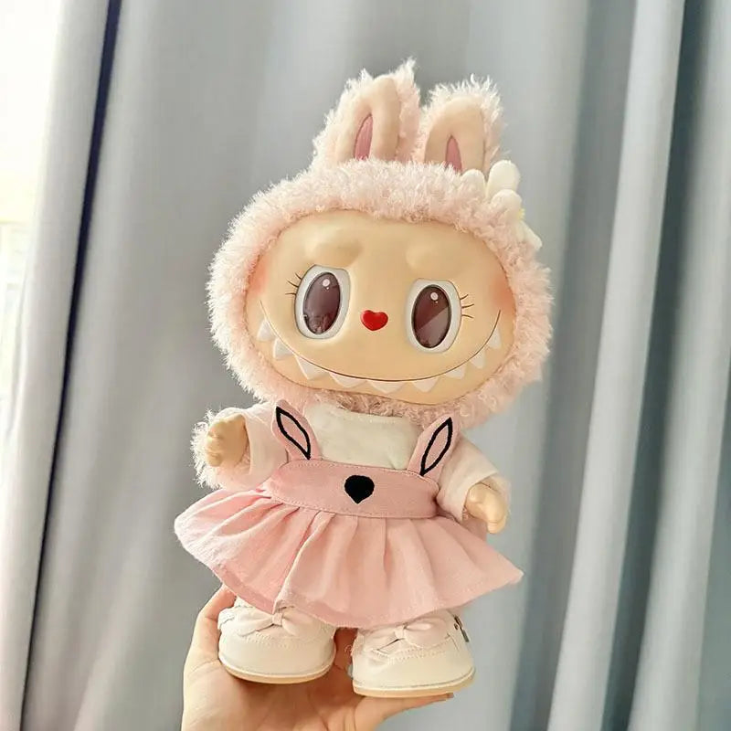 Labubu 38cm Plush Doll Clothes – MOKOKO Coat with Rabbit Ear Strap Skirt Set, Cute Doll Outfit & Accessories
