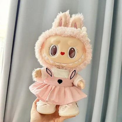 Labubu 38cm Plush Doll Clothes – MOKOKO Coat with Rabbit Ear Strap Skirt Set, Cute Doll Outfit & Accessories