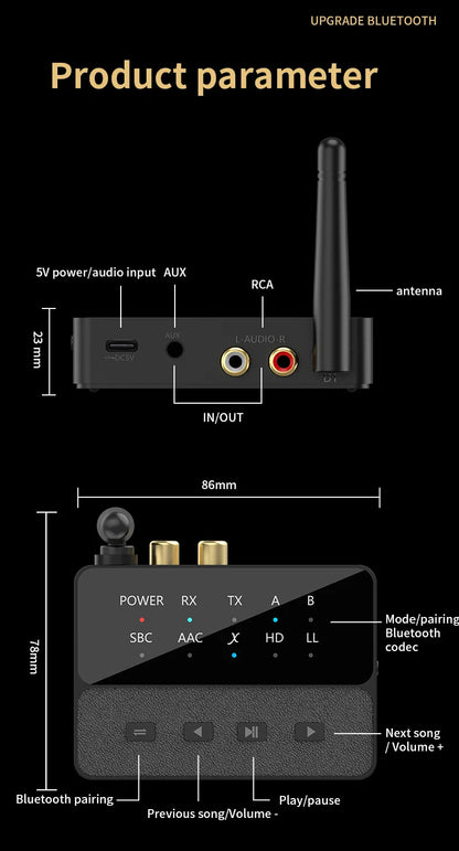 Qualcomm Bluetooth 5.3 aptX/HD/LL Audio Adapter | 3.5mm AUX, R/L Wireless Stereo Receiver & Transmitter for Dual Bluetooth Device Connection