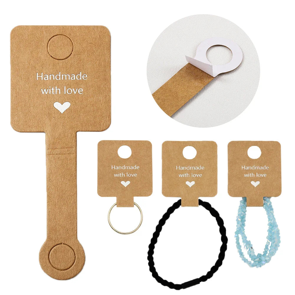 50PCS Self-Adhesive Kraft Paper Cards — 4x10cm Bracelet & Necklace Jewelry Holders for Small Business Retail Display Packaging