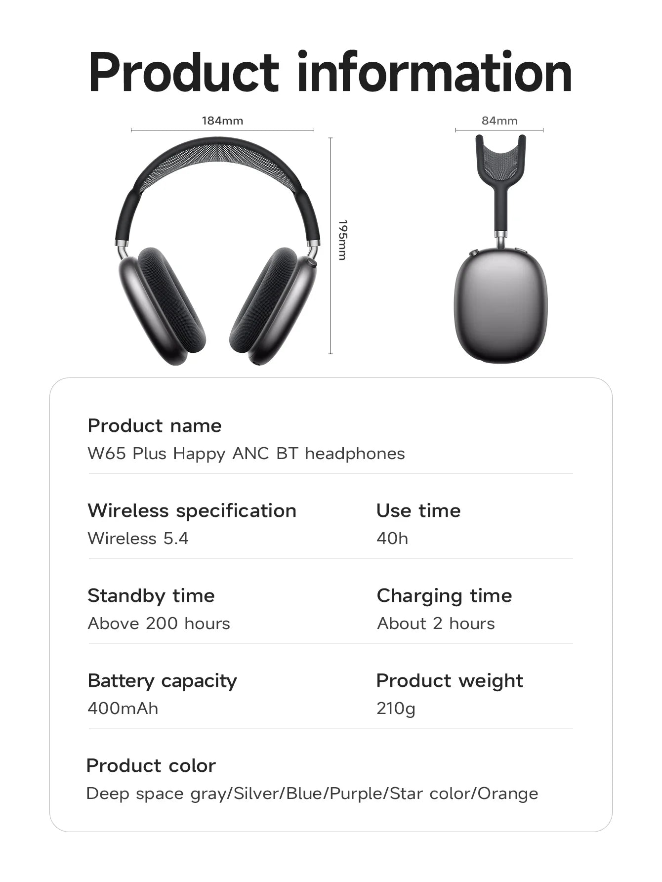 HOCO W65 Plus ANC Bluetooth Headphones – Wireless Over-Ear Noise Cancelling HiFi Sport Headset with Control Button