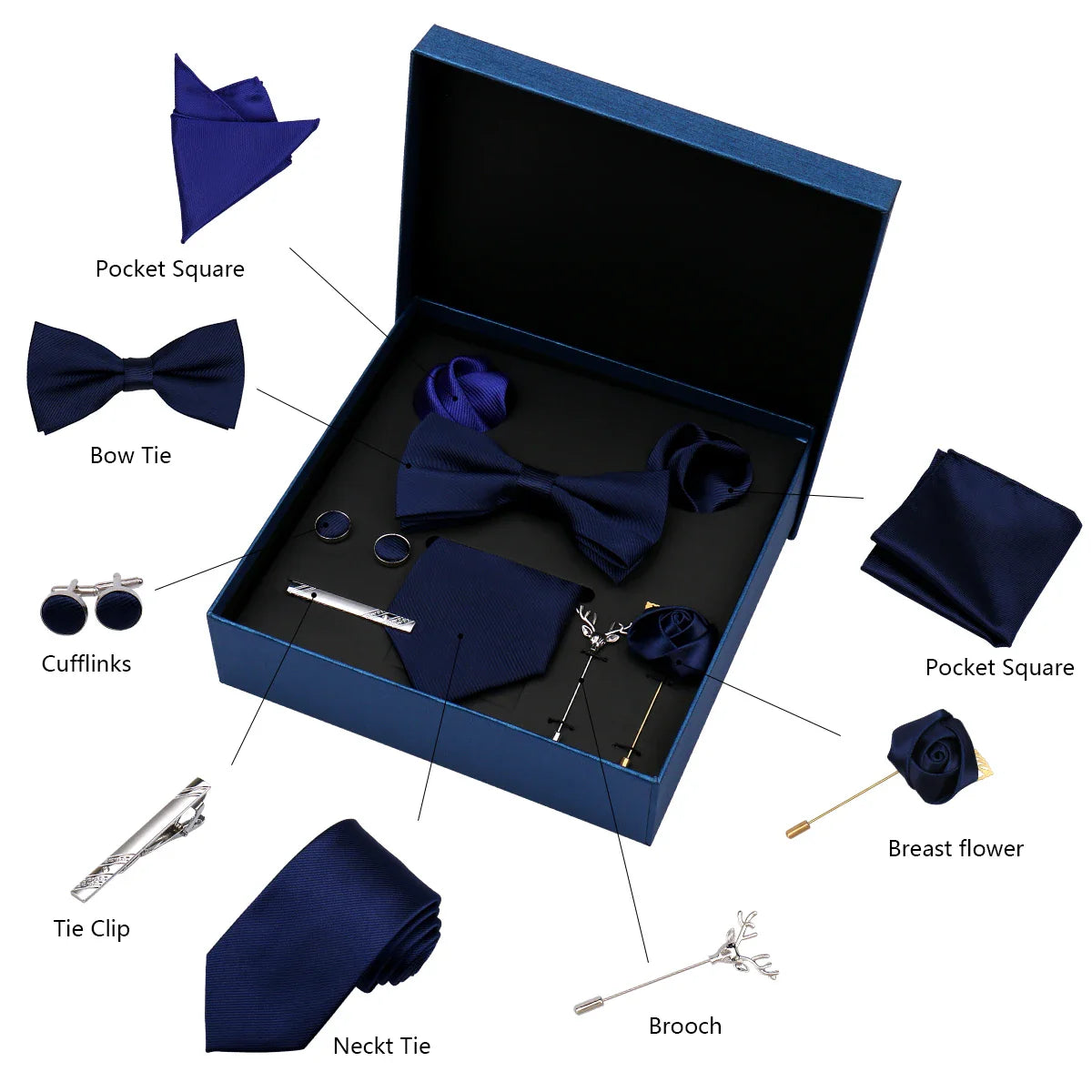 Red & Blue Classic Silk Tie Set for Men - Pocket Square & Cufflinks, Solid Color Necktie for Parties & Weddings