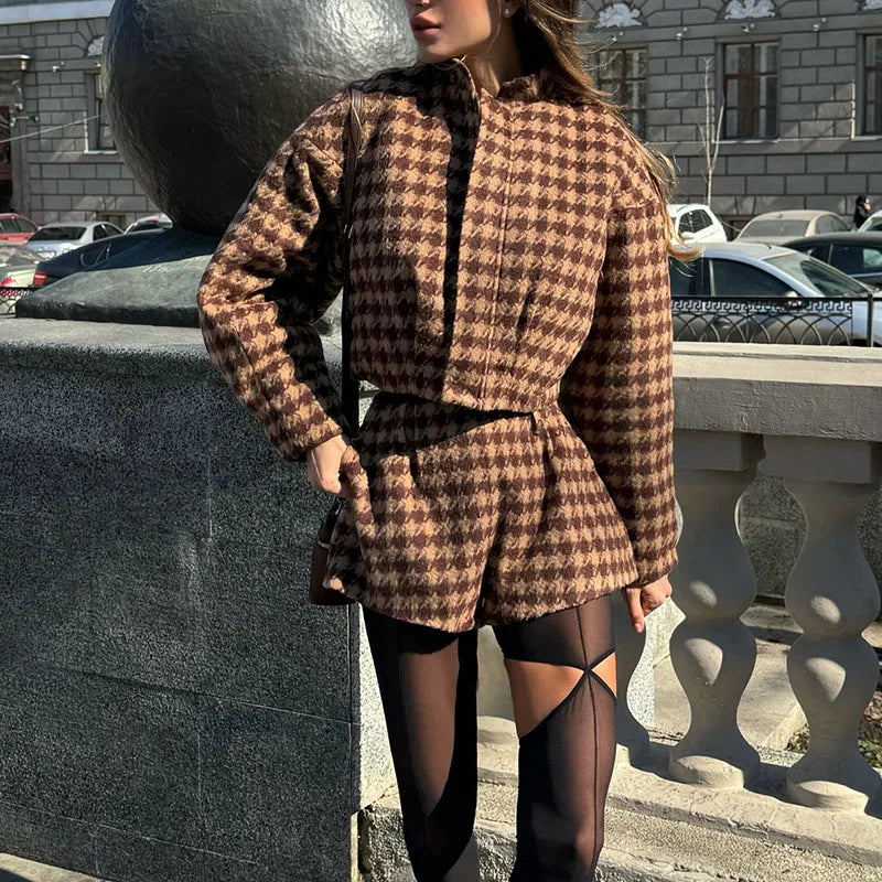 Elegant Plaid Women’s Set – Casual Full-Sleeve Zipper Jacket & High-Waist Shorts, 2025 Spring Office Outfit
