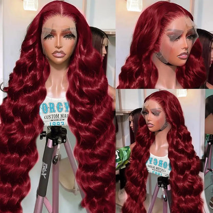 99J Burgundy Body Wave Human Hair Wig – 13x6 HD Transparent Lace Front, 30-40 Inch Curly Brazilian Hair for Women