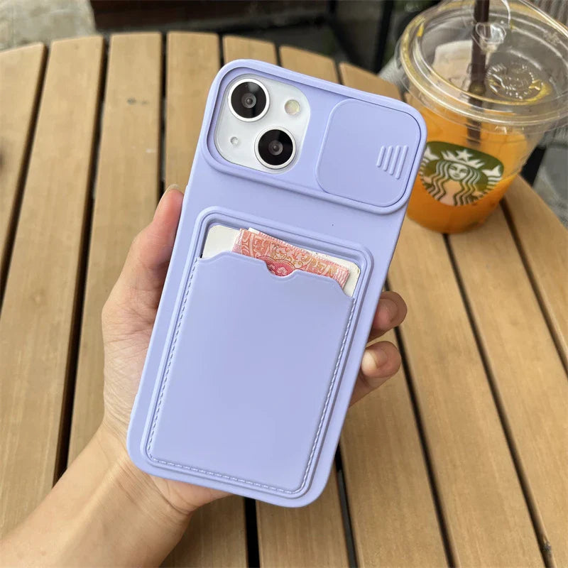 Slide Camera Protection Wallet Phone Case for iPhone – Soft Silicone Card Holder Cover for iPhone 16/15/14/13/12/11 Pro Max, XR, XS Max, 8 Plus Safety Case