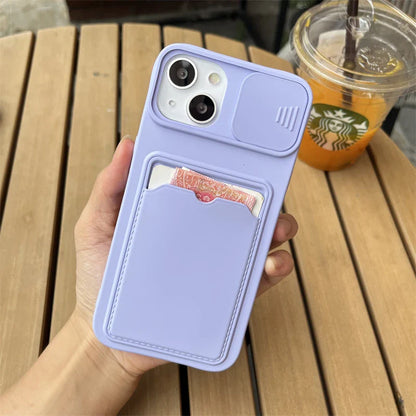 Slide Camera Protection Wallet Phone Case for iPhone – Soft Silicone Card Holder Cover for iPhone 16/15/14/13/12/11 Pro Max, XR, XS Max, 8 Plus Safety Case