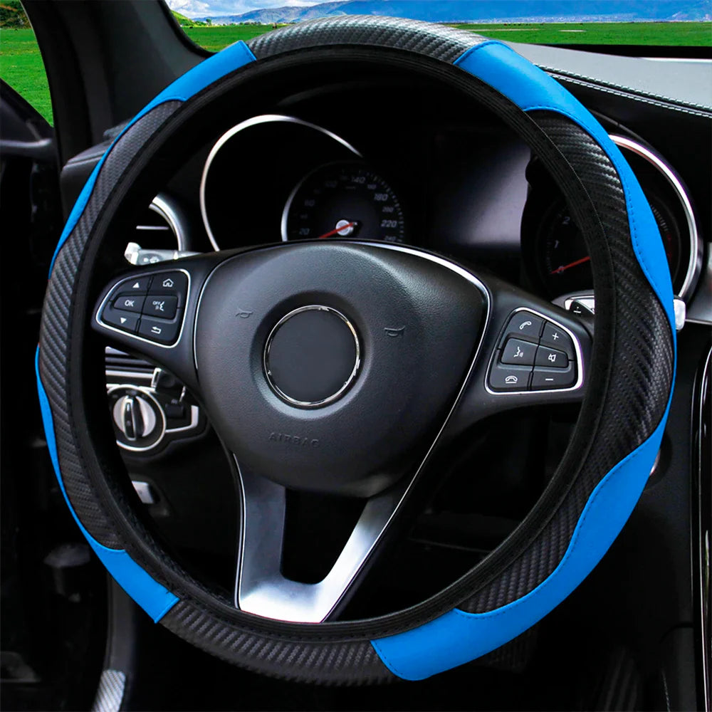 PU Carbon Fiber Leather Steering Wheel Cover — No Inner Ring, Fits 14.5-15 Inch Cars