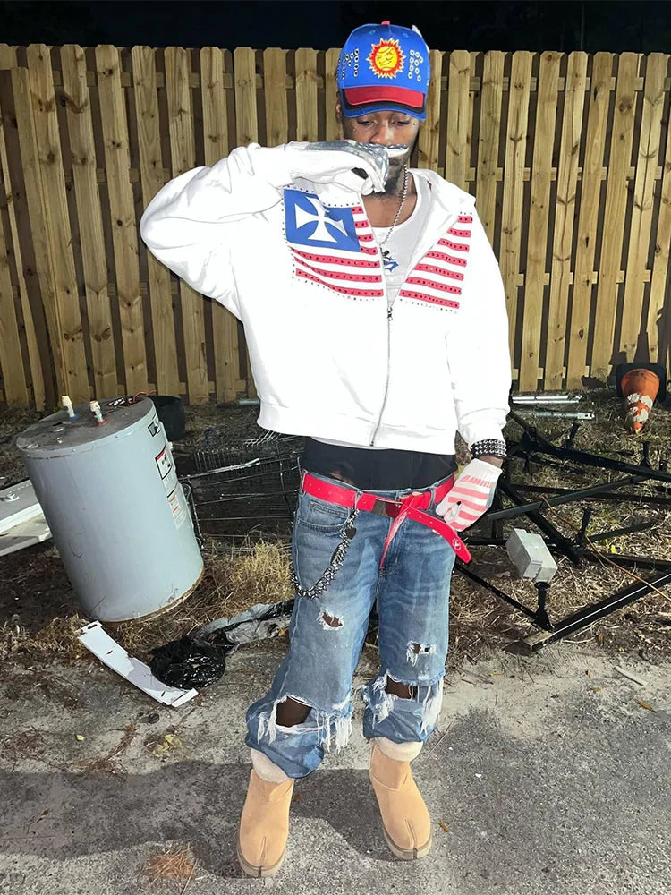Color Block Flag Hoodie - Men's Y2K Harajuku Loose Fit Zipper Sweatshirt