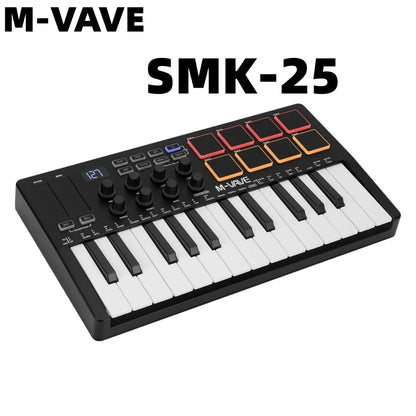 M-VAVE SMK-25 II MIDI Pad Controller Keyboard – 25 Key USB Mini, 16 RGB Drum Pads, 8 Knobs, Music Production Software Included