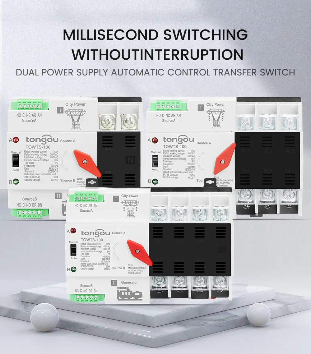 TONGOU Din Rail ATS Dual Power Automatic Transfer Switch – 2P 3P 4P Electrical Selector, Uninterrupted Power, 63A-100A Mini
