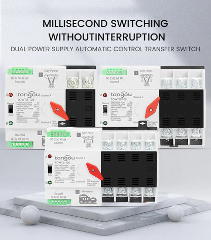 TONGOU Din Rail ATS Dual Power Automatic Transfer Switch – 2P 3P 4P Electrical Selector, Uninterrupted Power, 63A-100A Mini