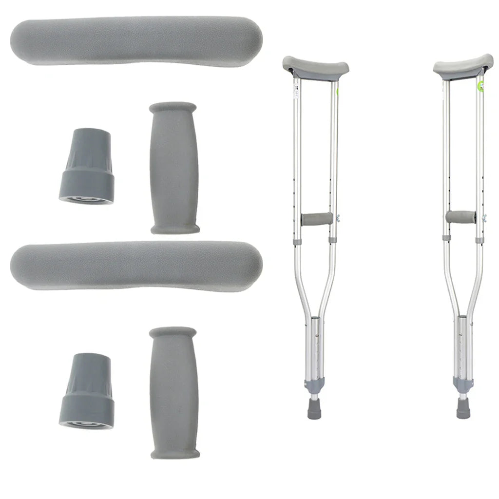 2-Piece Crutch Accessory Kit — Gray Rubber Crutch Pads, Handle Grip Covers & Tip Covers Replacement Parts