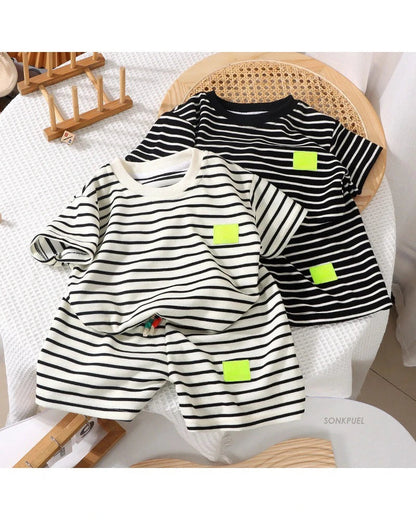 2PCS Kids Summer Outfit – Cotton Short Sleeve Tee & Shorts Set for Boys, Black & White Stripe